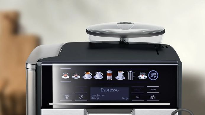 Siemens Siemens Coffee machine, 1.7L, auto capuchino maker, LED display, auto recipe-12, black-silver TE655203RW фото