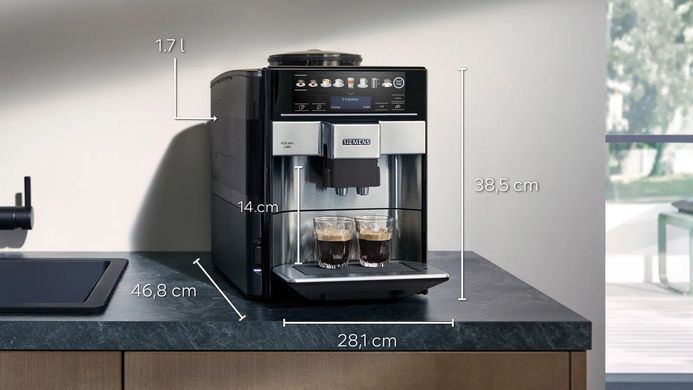 Siemens Siemens Coffee machine, 1.7L, auto capuchino maker, LED display, auto recipe-12, black-silver TE655203RW фото