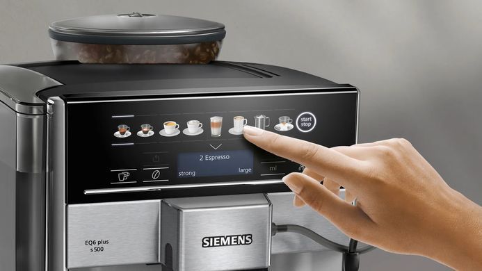 Siemens Siemens Coffee machine, 1.7L, auto capuchino maker, LED display, auto recipe-12, black-silver TE655203RW фото