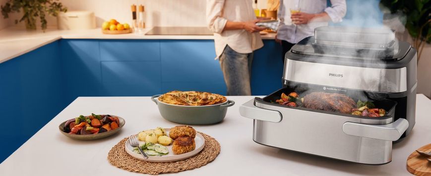 Philips Мультипіч Philips Ovi Dual SteamFry 2750Вт, чаша-3+6л, сенсорне управл., 8 авто. програм, пластик/метал, сірий NA565/02 фото