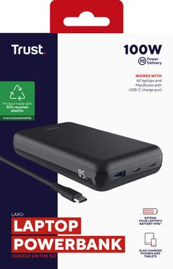 Trust Акумулятор портативний літій-іонний power bank Laro, 20000 мА·год, USB-A/2хUSB-C, 100w, чорний 25240_TRUST фото