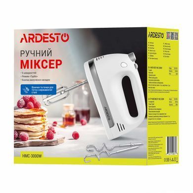 ARDESTO Ручной миксер HMC-3000W, 300Вт , 5 скоростей.+турбо, 2 венчика, 2 крючка, белый HMC-3000W фото