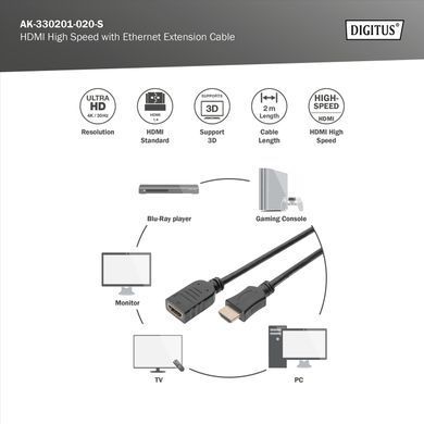 Digitus Кабель HDMI High speed + Ethernet (AM/AF) 2.0м, чорний AK-330201-020-S фото