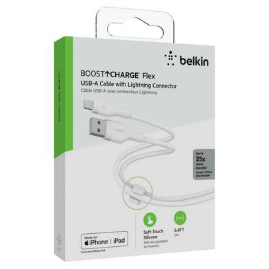 Belkin Кабель заряджання/синхронізації USB-A > Lightning, 2м, силіконовий з кліпсою, білий CAA008BT2MWH фото