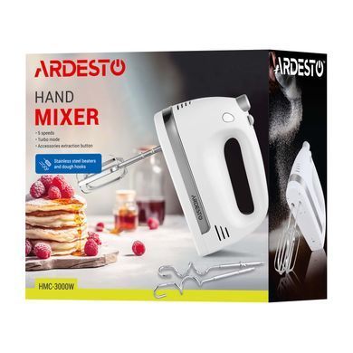 ARDESTO Ручной миксер HMC-3000W, 300Вт , 5 скоростей.+турбо, 2 венчика, 2 крючка, белый HMC-3000W фото