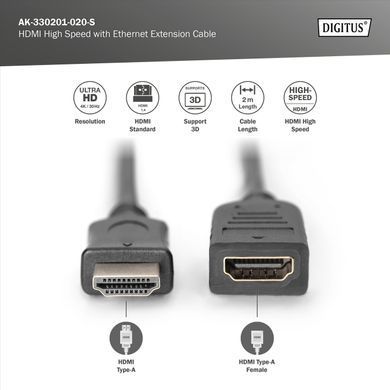 Digitus Кабель HDMI High speed + Ethernet (AM/AF) 2.0м, чорний AK-330201-020-S фото