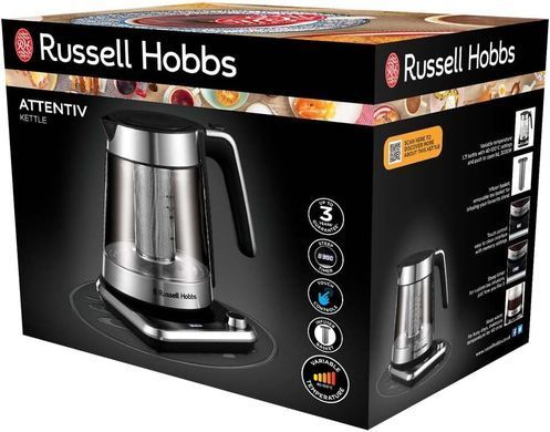 Russell Hobbs Електрочайник Attentiv Kettle, 1.7л, Strix, скло, база зі сховищем для шнура, сірий 26200-70 фото