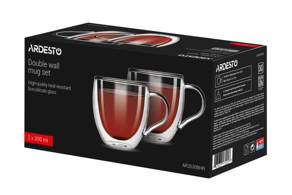 ARDESTO Набор чашек с ручками с двойными стенками, 300 мл, H 9,2 см, 2 шт, боросиликатное стекло AR2630BHR фото