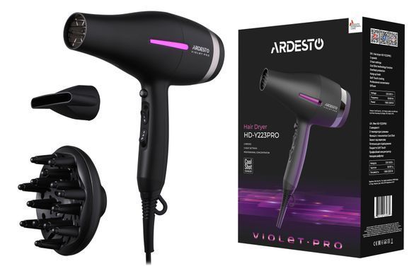 Фен Ardesto Violet PRO HD-Y223PRO, 850-2200Вт, 2 скорости, 3 темп.режима, диффузор, черный HD-Y223PRO фото