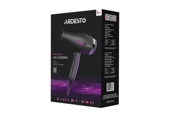 Фен Ardesto Violet PRO HD-Y223PRO, 850-2200Вт, 2 скорости, 3 темп.режима, диффузор, черный HD-Y223PRO фото