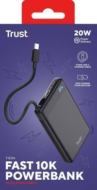 Trust Акумулятор портативний літій-іонний power bank Trust Fiera, 10000мА&middot;год, 2хUSB-C, 20W, PD/QC 3.0, чорний 25880_TRUST фото