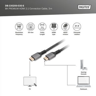 Digitus Кабель HDMI (M/M), 8K, Ultra High speed/Ethernet, 3м, черный DB-330200-030-S фото
