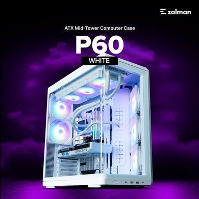 Zalman Корпус P60 без БЖ, 2xUSB3.0, 1x Type C, 3x120мм ARGB Reverse, 2x120мм ARGB, VGA 435мм, LCS ready, Curved Tempered Glass, Dual Chamber, ATX, білий P60WHITE фото
