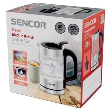 Sencor Електрочайник Sencor 0.5л, Strix, пластик, в комплекті 2 склянки + 2 ложки, скло, нерж. сталь SWK160SS фото