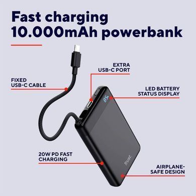Trust Акумулятор портативний літій-іонний power bank Trust Fiera, 10000мА&middot;год, 2хUSB-C, 20W, PD/QC 3.0, чорний 25880_TRUST фото