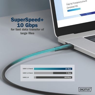 Digitus Кабель USB-C заряджання/синхронізації, 1м, USB 3.2 Gen2, 10G, 100W, 4K, силіконовий, чорний AK-300342-010-S фото