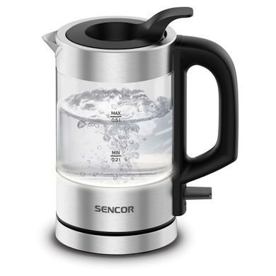 Sencor Електрочайник Sencor 0.5л, Strix, пластик, в комплекті 2 склянки + 2 ложки, скло, нерж. сталь SWK160SS фото