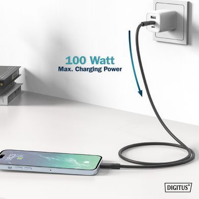 Digitus Кабель USB-C заряджання/синхронізації, 1м, USB 3.2 Gen2, 10G, 100W, 4K, силіконовий, чорний AK-300342-010-S фото
