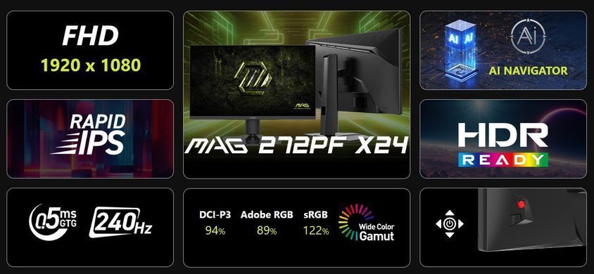 MSI Монітор MSI 27" MAG 272PF-X24 2xHDMI, DP, MM, IPS, 1920x1080, 240Hz, 0.5ms, sRGB 122%, AdaptiveSync, Pivot 9S6-3CE59T-020 фото