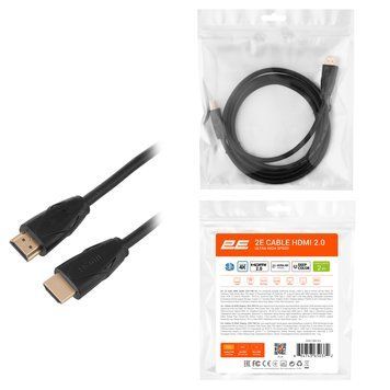 2E Кабель HDMI (M/M) 2Е, 2м, 2.0, Slim High Speed Aluminum, чорний 2EW-1082-2M фото