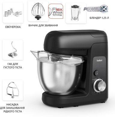 Tefal Кухонна машина Bake Partner 1100Вт, чаша-метал, корпус-пластик, насадок-6, чорний QB522838 фото