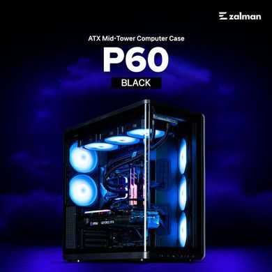 Zalman Корпус P60 без БП, 2xUSB3.0, 1x Type C, 3x120мм ARGB Reverse, 2x120мм ARGB, VGA 435мм, LCS ready, Curved Tempered Glass, Dual Chamber, ATX, чёрный P60BLACK фото