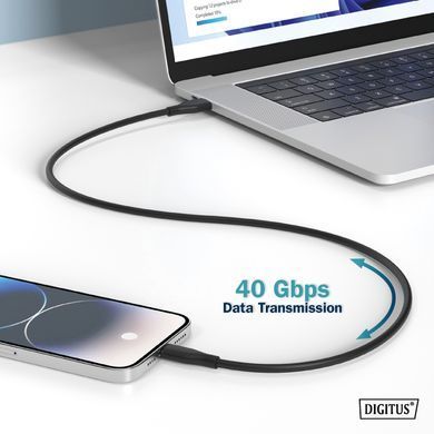 Digitus Кабель USB-C заряджання/синхронізації, 1м, USB 4.0 Gen3, 40G, 240W, 8K, силіконовий, чорний AK-300344-010-S фото