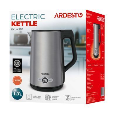 ARDESTO Электрочайник EKL-X52E/1.7 л/2200 Вт/двойные стенки/LED дисплей/7 темп. режима/Strix контроль/нержавеющая сталь EKL-X52E фото