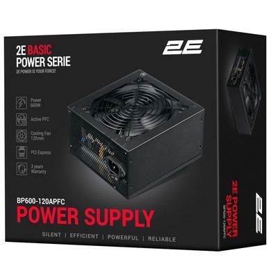 2E Блок живлення Basic Power (600W), 80%, 120мм, 1xMB 24pin(20+4), 1xCPU 8pin(4+4), 3xMolex, 4xSATA, 2xPCIe 8pin(6+2) 2E-BP600-120APFC фото