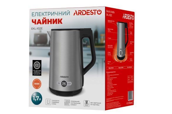 ARDESTO Электрочайник EKL-X52E/1.7 л/2200 Вт/двойные стенки/LED дисплей/7 темп. режима/Strix контроль/нержавеющая сталь EKL-X52E фото