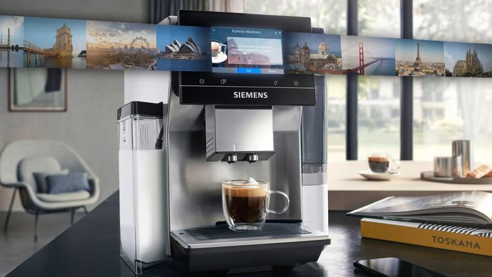 Siemens Siemens Coffee machine, 2.4L, auto capuchino maker, LED display, auto recipe-20, black-silver TQ715R03 фото