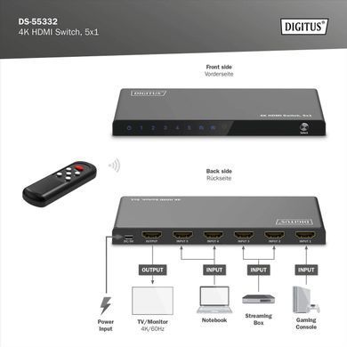 Digitus Відеокомутатор DIGITUS UHD HDMI (INx5 - OUTx1), 4K DS-55332 фото