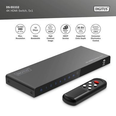 Digitus Відеокомутатор DIGITUS UHD HDMI (INx5 - OUTx1), 4K DS-55332 фото