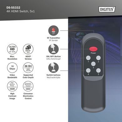Digitus Відеокомутатор DIGITUS UHD HDMI (INx5 - OUTx1), 4K DS-55332 фото
