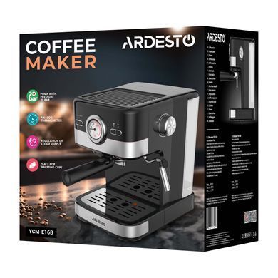ARDESTO Кофеварка рожковая Steel Collection 1.5л, молотый, ручной капучинатор, черно-серебристый YCM-E16B фото
