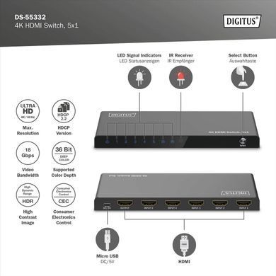 Digitus Відеокомутатор DIGITUS UHD HDMI (INx5 - OUTx1), 4K DS-55332 фото