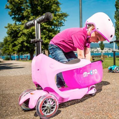 Самокат MICRO серии "Mini2go Deluxe Plus" - РОЗОВЫЙ (до 50 kg, до 20 kg с сидением, 3-х колесный), Розовый