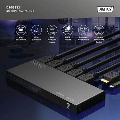 Digitus Відеокомутатор DIGITUS UHD HDMI (INx5 - OUTx1), 4K DS-55332 фото