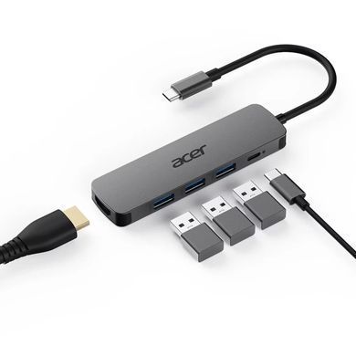 Acer Хаб 5in1 USB-С > 3xUSB-A3.0/HDMI/USB-C, 0.15м, сірий HP.DSCAB.021 фото
