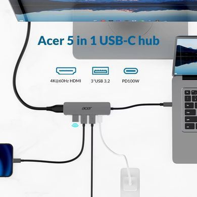 Acer Хаб 5in1 USB-С > 3xUSB-A3.0/HDMI/USB-C, 0.15м, сірий HP.DSCAB.021 фото
