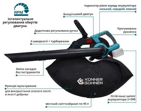 K&ouml;nner & S&ouml;hnen Воздуходувка-пылесос садовый аккумуляторный бесщеточный 40В(20+20В) акб 2?4А&middot;час 3.5кг KSLBV-40VSET фото