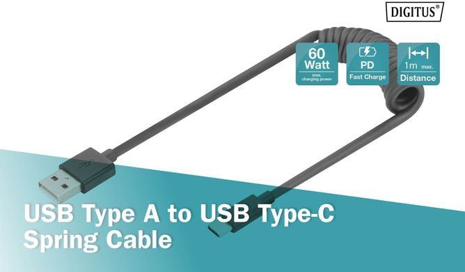 Digitus Кабель USB-C > USB-A заряджання/синхронізації, 1м, Type-C, спіральний, чорний AK-300430-006-S фото