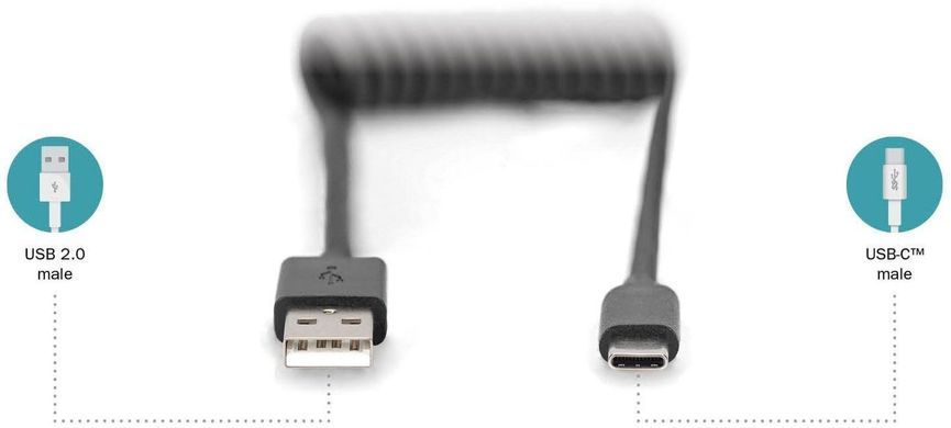 Digitus Кабель USB-C > USB-A заряджання/синхронізації, 1м, Type-C, спіральний, чорний AK-300430-006-S фото
