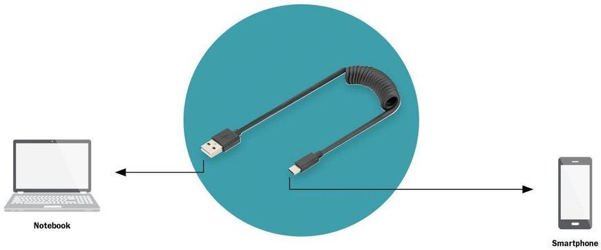 Digitus Кабель USB-C > USB-A заряджання/синхронізації, 1м, Type-C, спіральний, чорний AK-300430-006-S фото