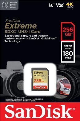 SanDisk Карта памяти SD 256GB C10 UHS-I U3 R180/W130MB/s Extreme V30 SDSDXVV-256G-GNCIN фото
