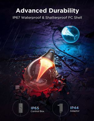 Govee Набір світлодіодних ламп H7025 Outdoor Clear Bulb String Lights, 15м, RGBIC/Warm White, WI-FI/Bluetooth, чорний H7025CB1 фото