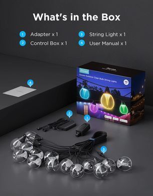Govee Набір світлодіодних ламп H7025 Outdoor Clear Bulb String Lights, 15м, RGBIC/Warm White, WI-FI/Bluetooth, чорний H7025CB1 фото