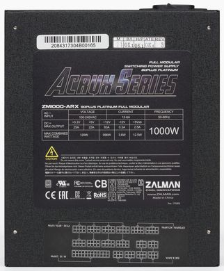 Блок живлення Zalman Acrux (1000W), 94%, 80+Platinum, 135mm, 1xMB 24pin(20+4), 2xCPU (8pin(4+4)+8pin), 8xMolex, 12xSATA, 6xPCIe 8pin(6+2), Fully Modular ZM1000-ARX фото
