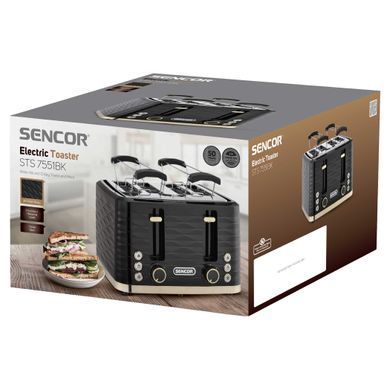 Sencor Тостер Sencor 1600Вт, підігрів, розморожування, 4 слоти, пластик, чорно-золотий