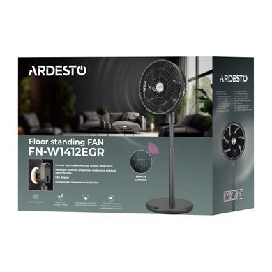 ARDESTO Вентилятор FN-W1412EGR напольный, 40см, 35Вт, пульт ДУ, высота 90-110 см, 3D-вращение, дисплей, эл. упр-ие, серый